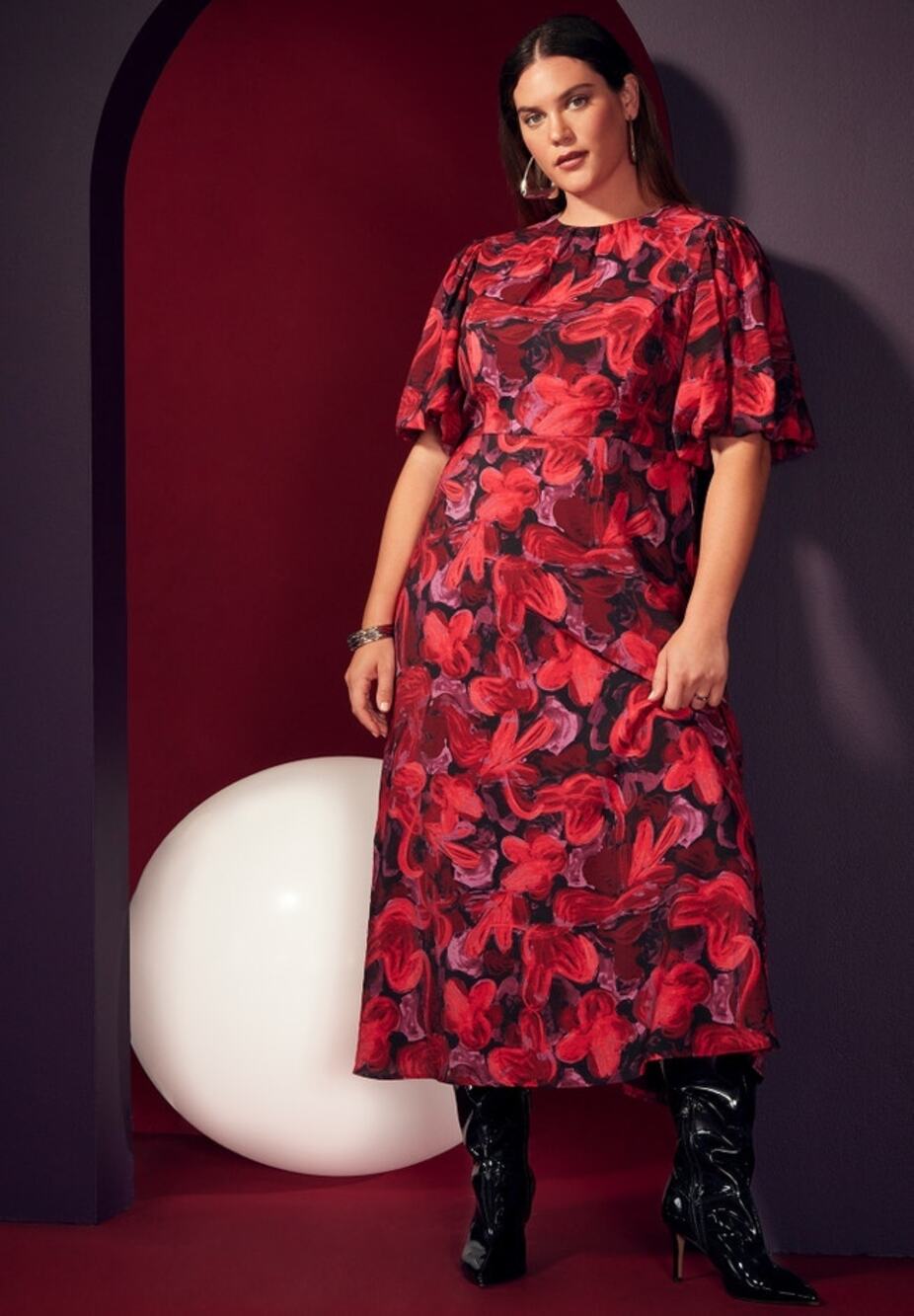 ELOQUII Puff Sleeve Fitted Dress Red Floral Midi Short Sleeve Cocktail Holiday14